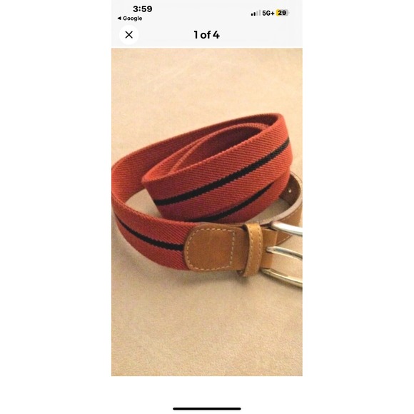 New LL Bean Mens Rust Canvas Belt Tan Leather Brass Buckle Made in USA Sz 44" - Picture 1 of 4